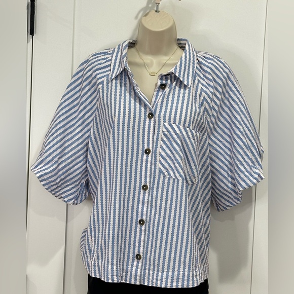 Maeve By Anthropologie The Zooey Bubble-Sleeve Blouse Button Down Striped XL - Picture 2 of 13